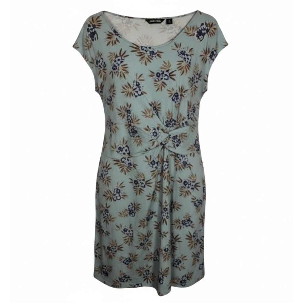 Lands End Dress 1X 16-18 W Cap Sleeve Twist Knot Jersey Knit Stretch Blue Floral